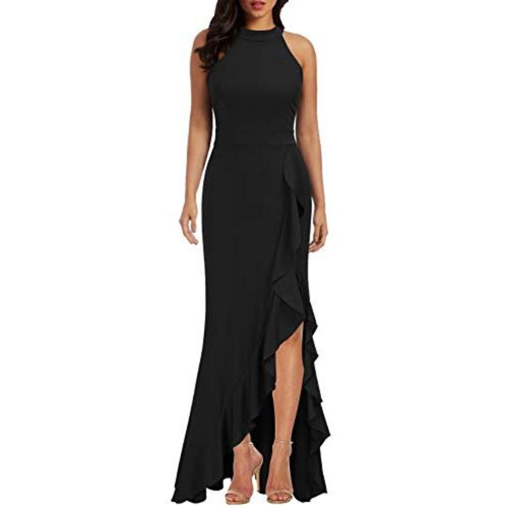 WOOSEA Womens High Neck Split Bodycon Mermaid Evening Cocktail Long Dress Black